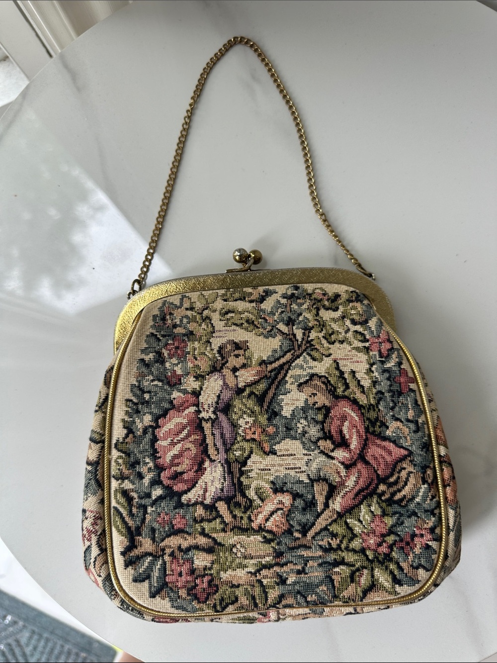 Vintage Tapestry Chain Handbag Clutch in Pink and Cream Kiss Lock Gold Wedding - Picture 4 of 8